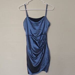 Honey and Rosie Navy Satin Slip Mini Dress with Side Ruching